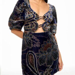 Blue Floral Glam Scarf Velvet Mini Dress